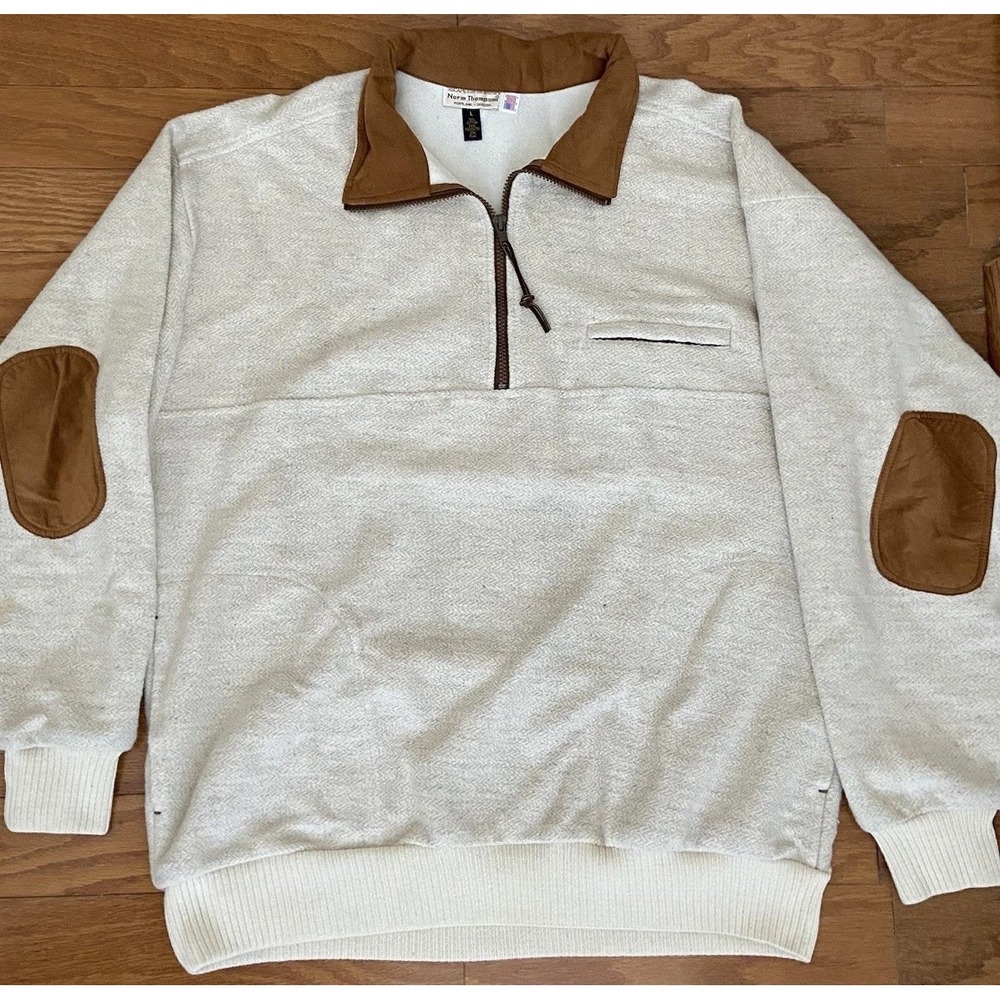 VTG Norm Thompson Men L Quarter Zip Herringbone Knit Pullover Elbow Patches USA